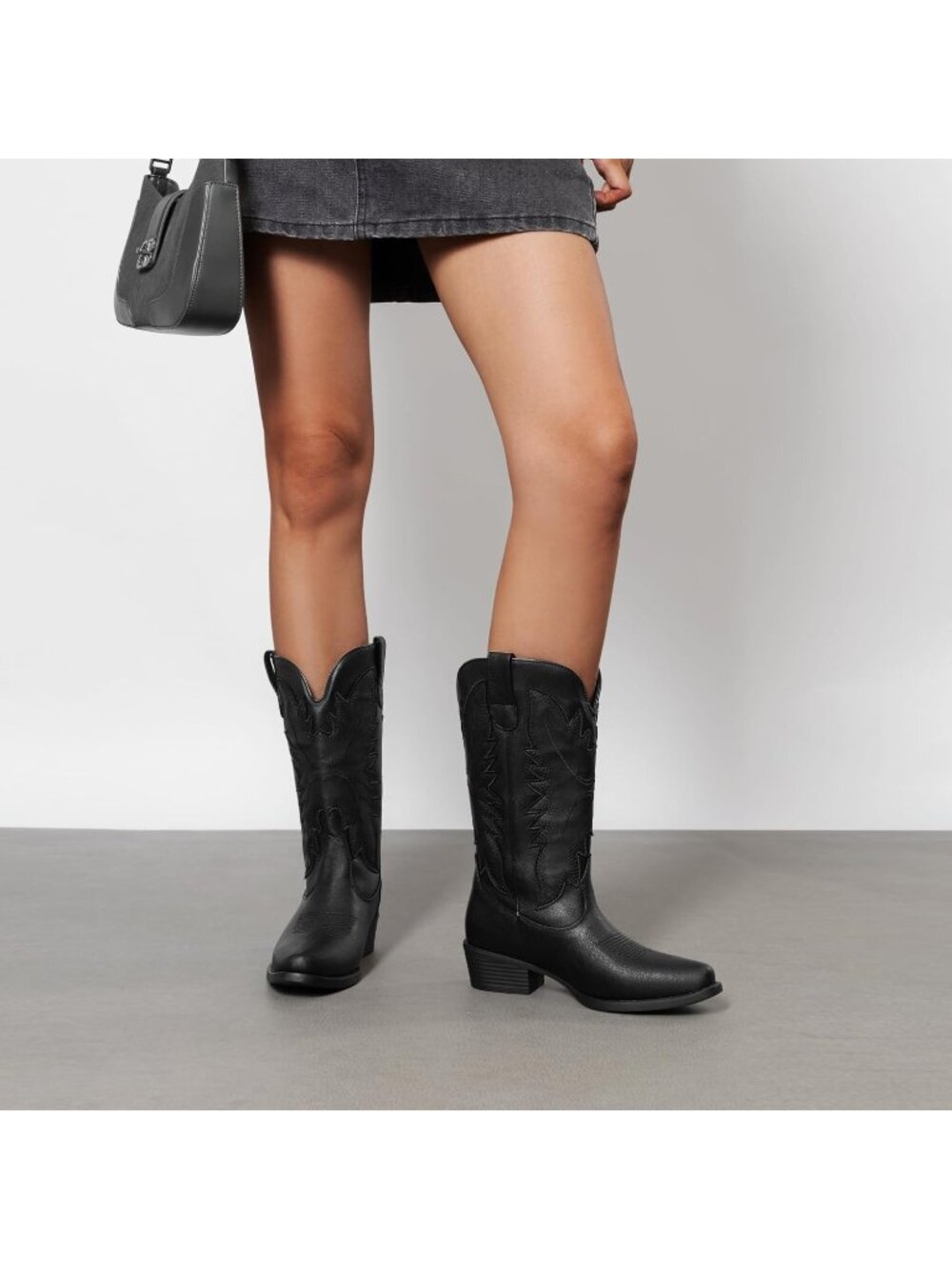 DREAM PAIRS Women's All Black Cowgirl Western Mid Calf Embroidered Snip Toe Boot - Picture 3 of 6